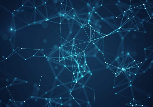 Abstract connected dots and lines on blue background. Communication and technology network concept with moving lines and dots.